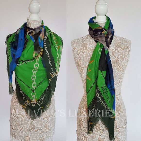 ALEXANDER MCQUEEN SCARF CHAINED PANTHER SKULLS SILK MODAL LOGO SQUARE 54" - Picture 4 of 16